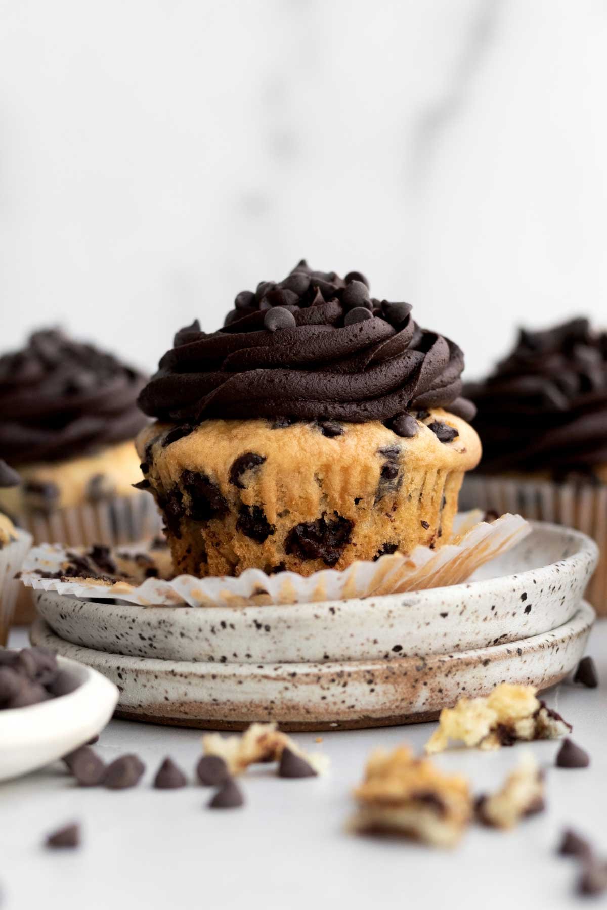 Chocolate chips on the swirl of chocolate frosting add layer of soft crunch to the cupcake.