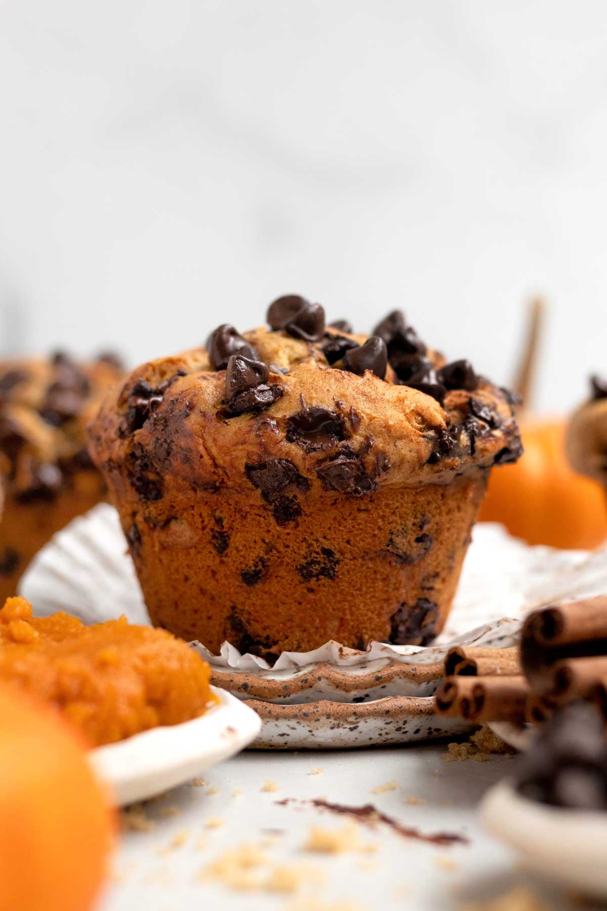 A delicious golden brown Gluten Free Pumpkin Muffin adorned and embedded with melty chocolate chips.