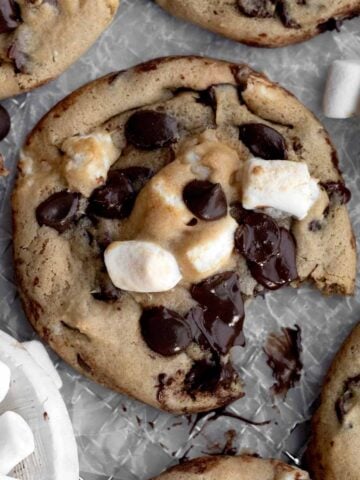 A Chocolate Chip Marshmallow Cookie with toasted marshmallows and warm chocolate chips with a bite taken.