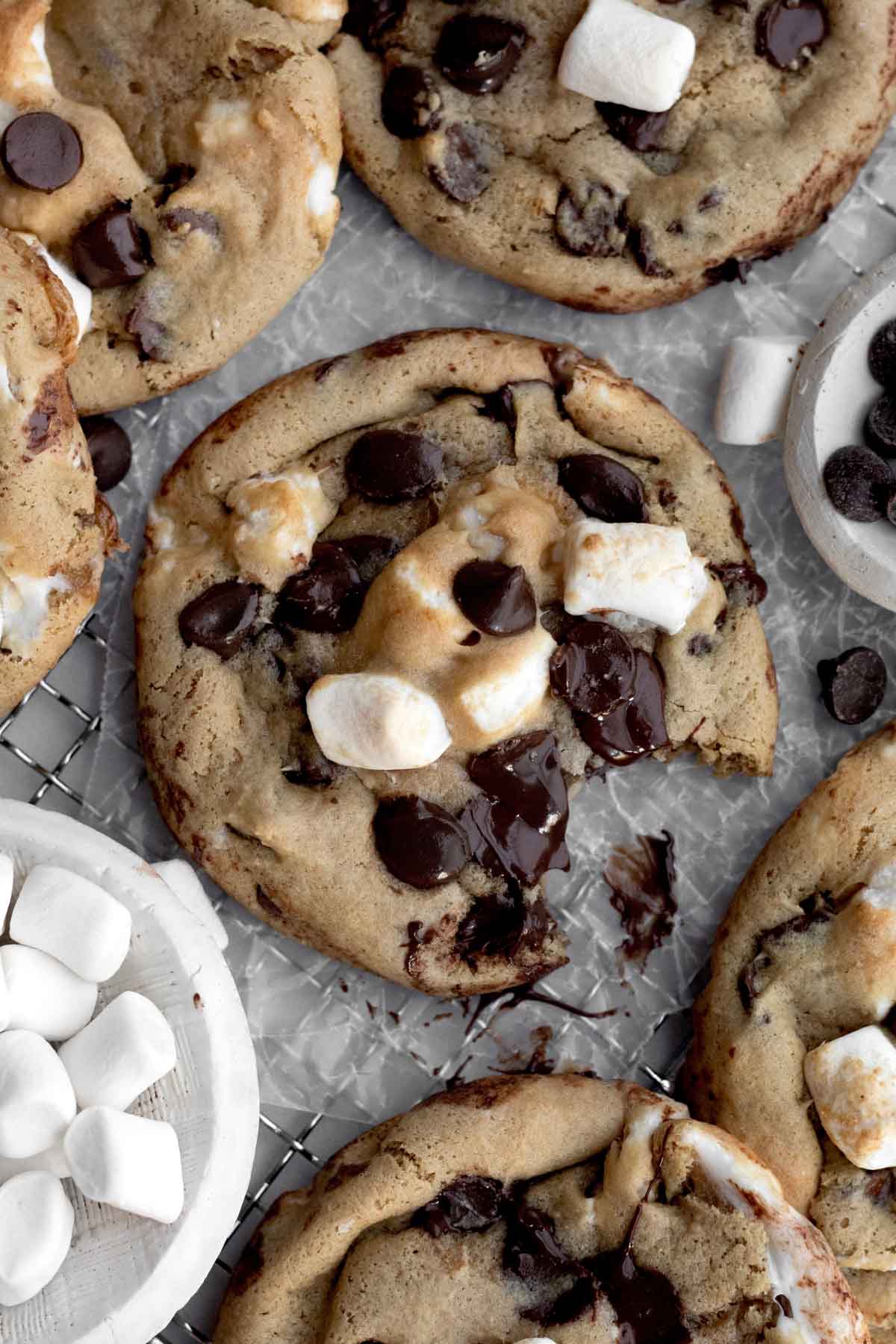A Chocolate Chip Marshmallow Cookie with toasted marshmallows and warm chocolate chips with a bite taken.