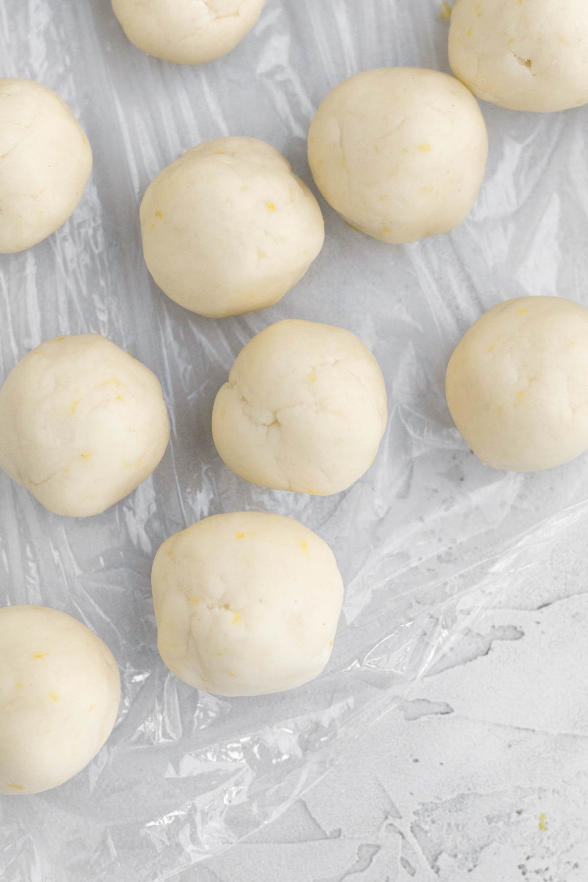 Scooped balls of cookie dough.