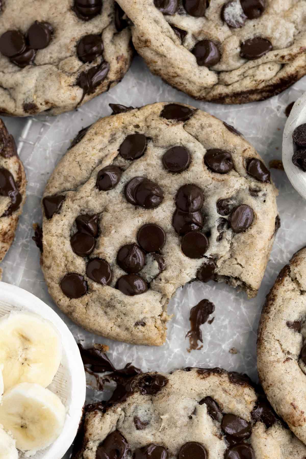 Melted chocolate chips accentuate the banana flavor in the delicious gluten free Banana Bread Cookie.