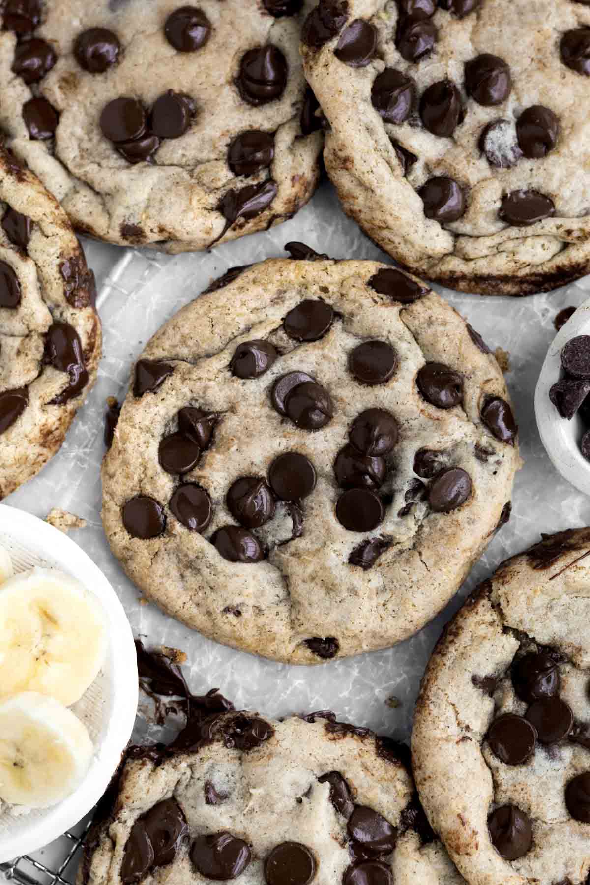 Delicious golden tan Banana Bread Cookies with sweet melted chocolate chips await your taste buds.