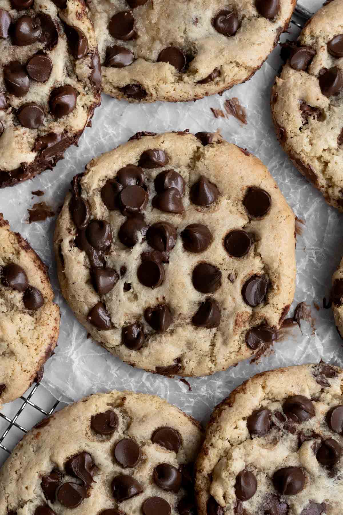 Delicious gluten free Quick Chocolate Chip Cookies with slightly melted chocolate chips.