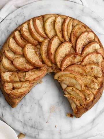 Slices of apples covered in cinnamon sugar top the delicious Apple Tea Cake.