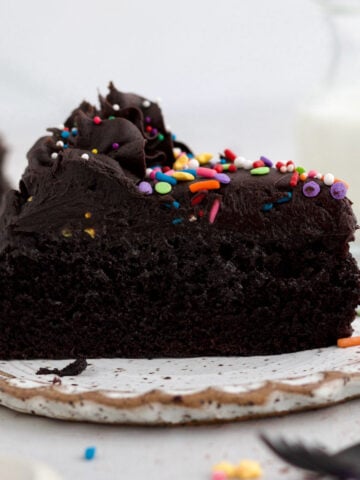 An indulgent Slice of rich, dark chocolate cake with cream cheese frosting and colorful sprinkles.