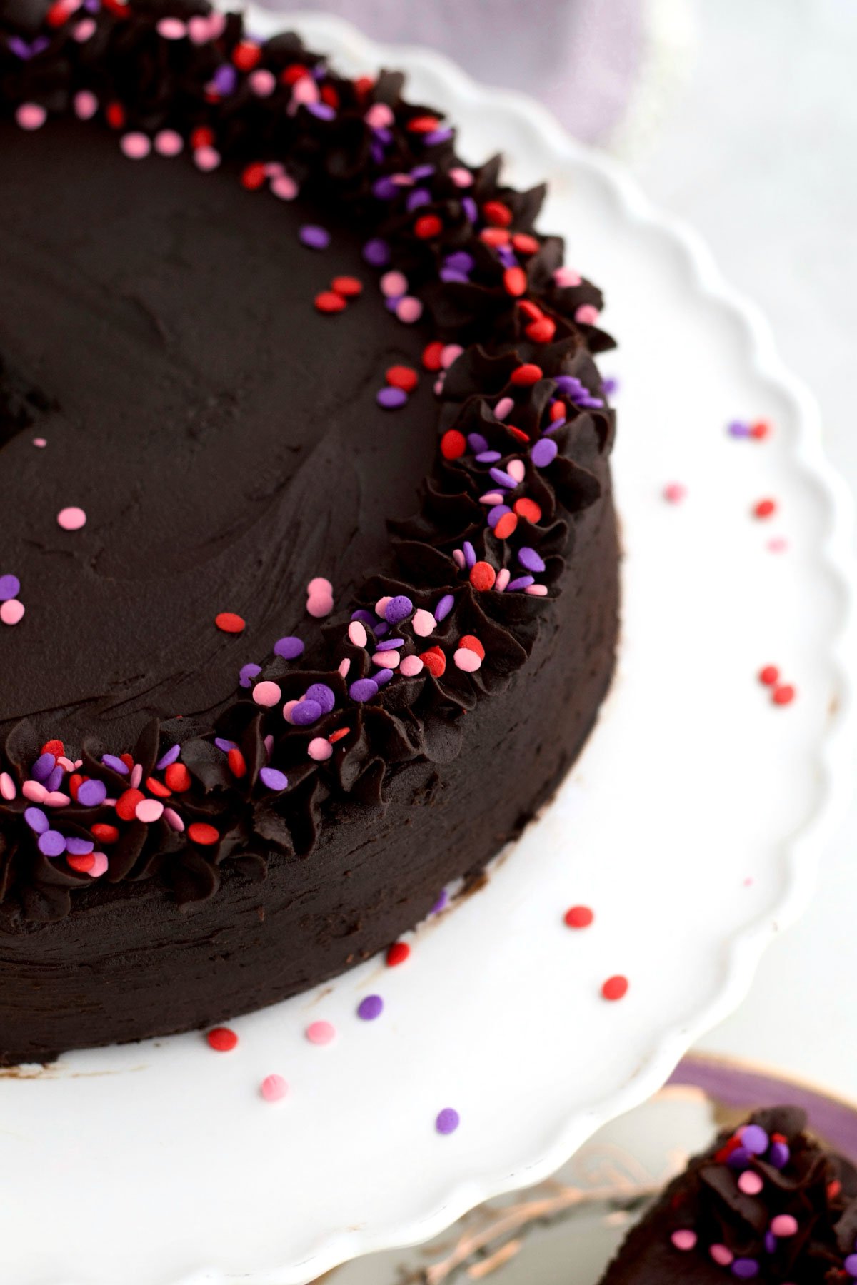 Rich chocolate cake with smooth frosting and piped swirls and pink, red and purple sprinkles.