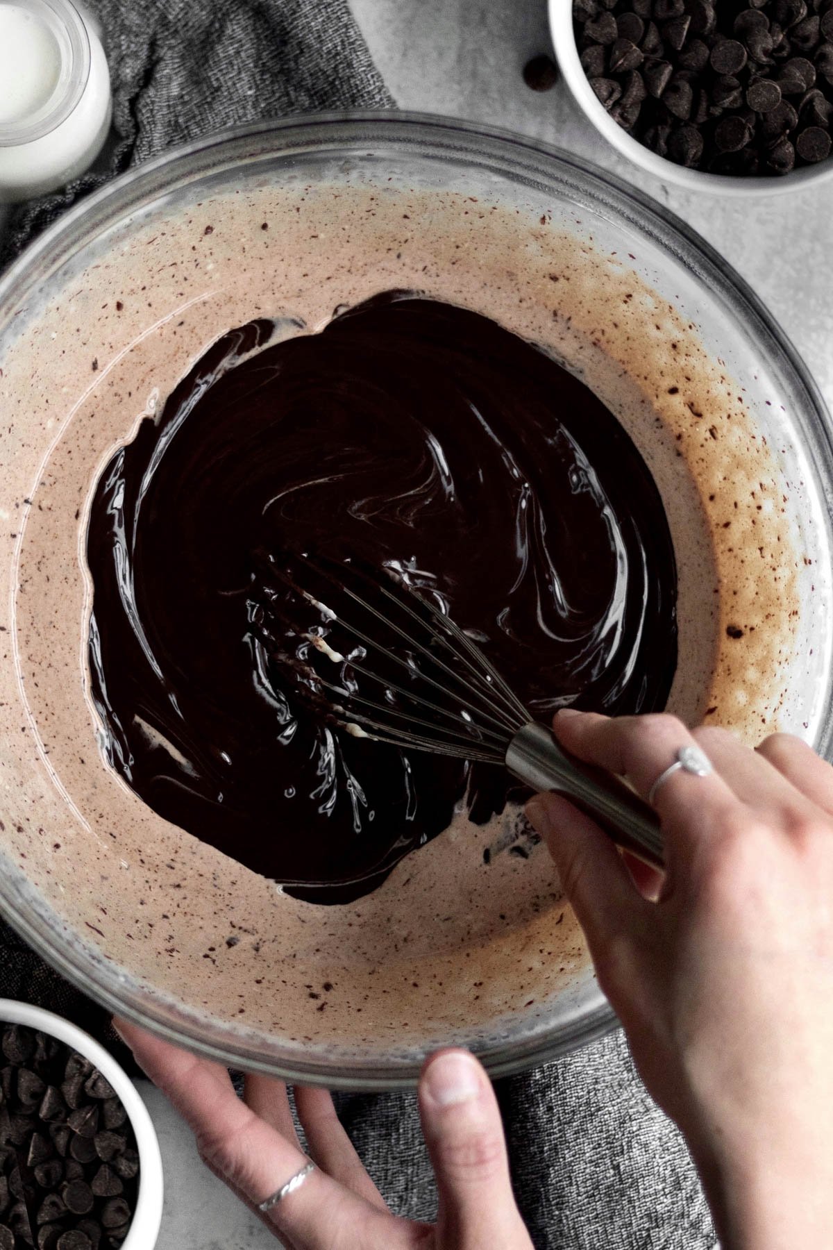 Whisking the mix into the chocolate ganache.