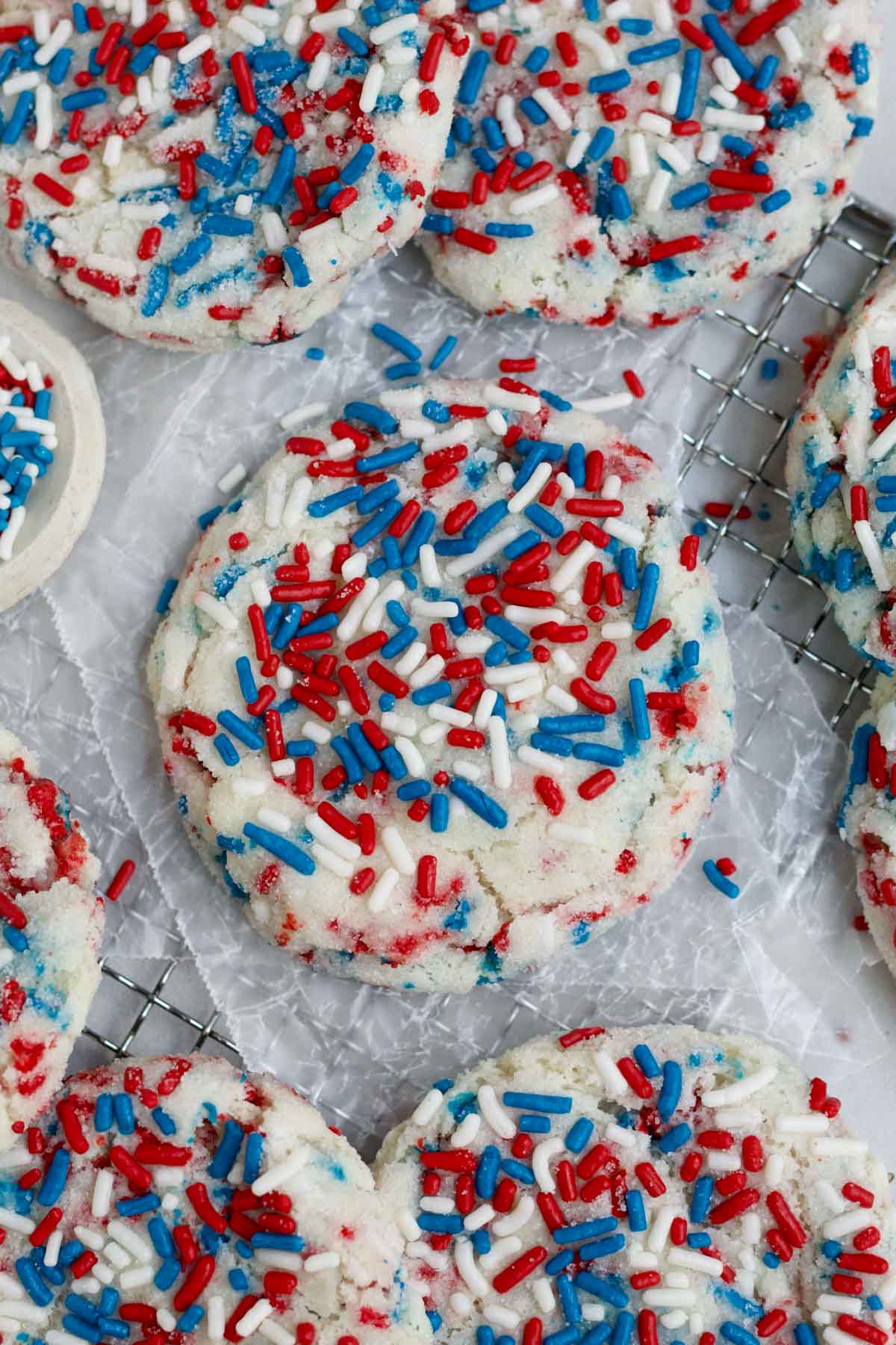 Warm and delicious 4th of July Sugar Cookies with red, white and blue rod sprinkles.