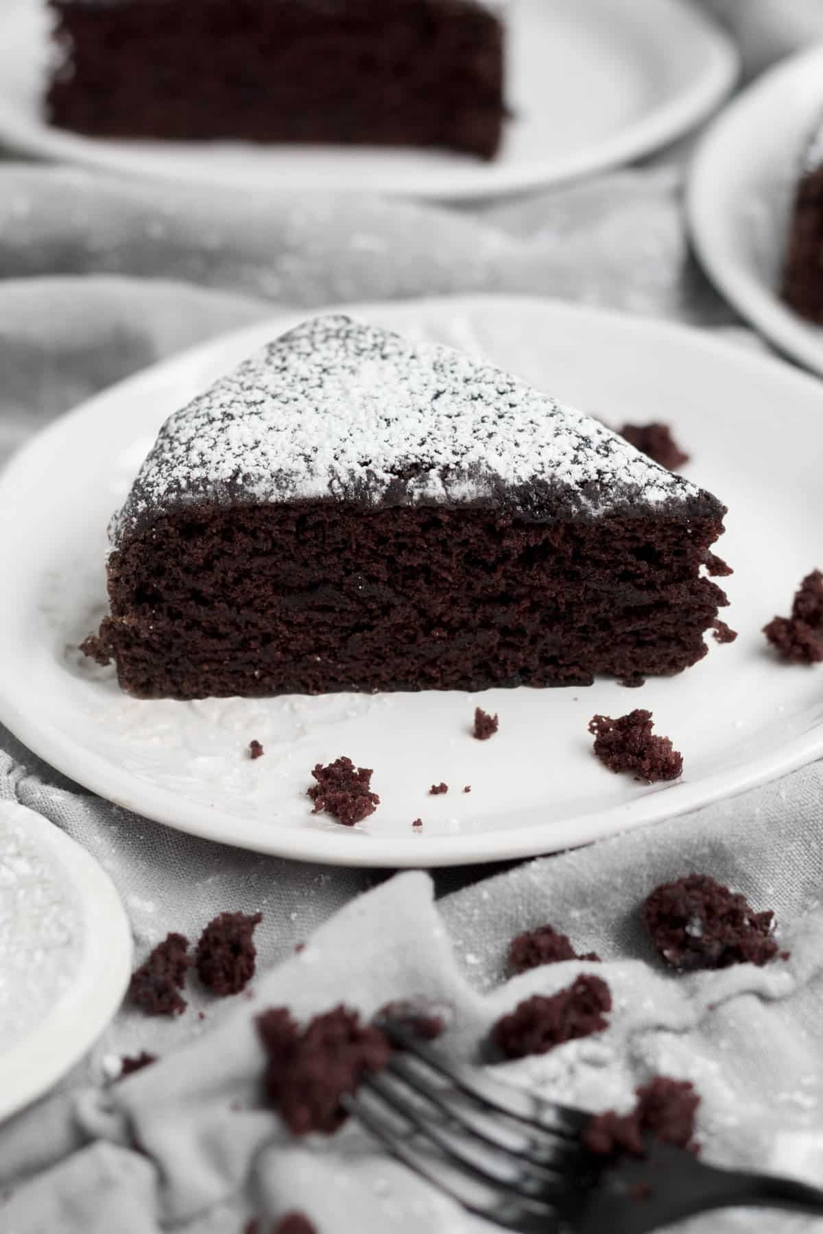 An inviting chocolatey slice of chocolate olive oil cake dusted with confectioners’ sugar.