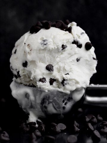 A scooped ball of delicious Chocolate Chip Ice Cream on an ice cream scoop.