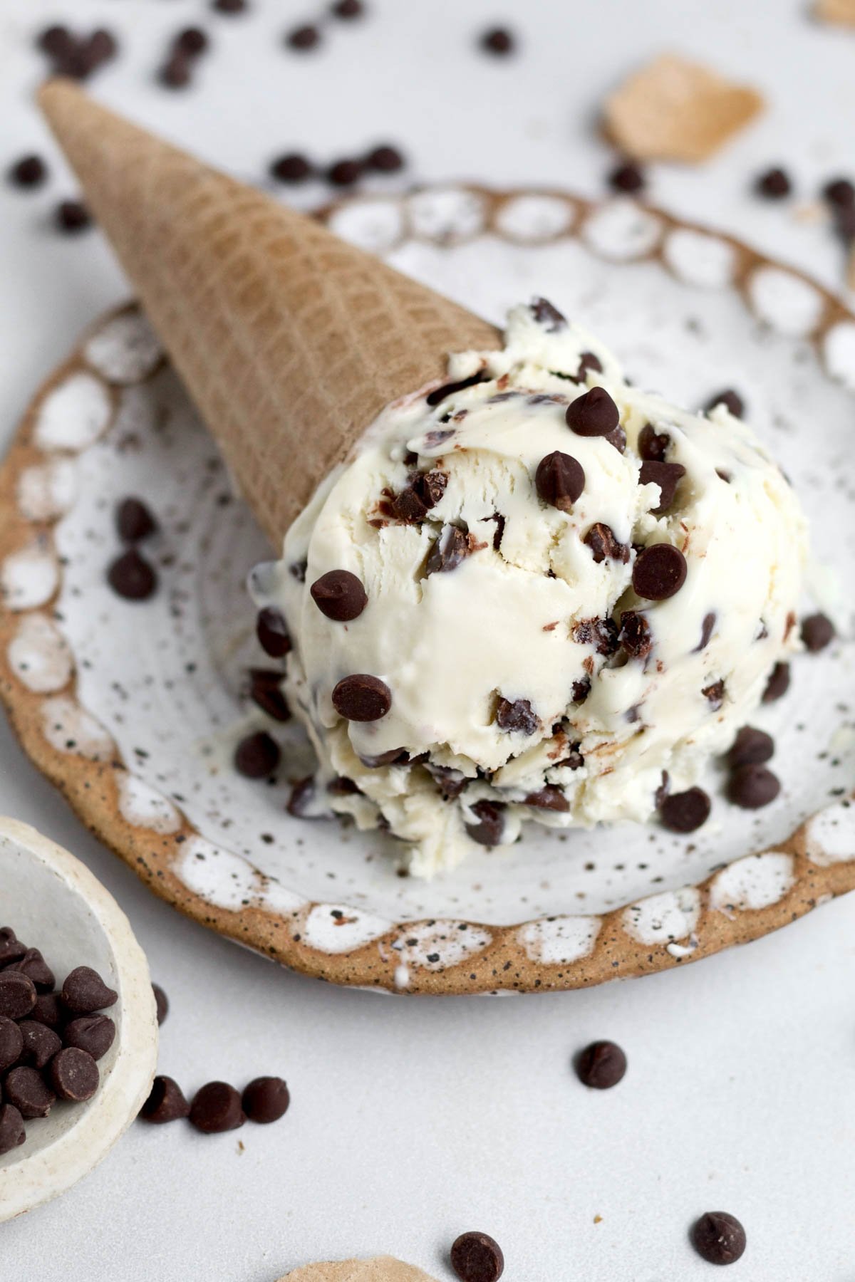 Creamy Chocolate Chip Ice Cream stuffed into a waffle cone.