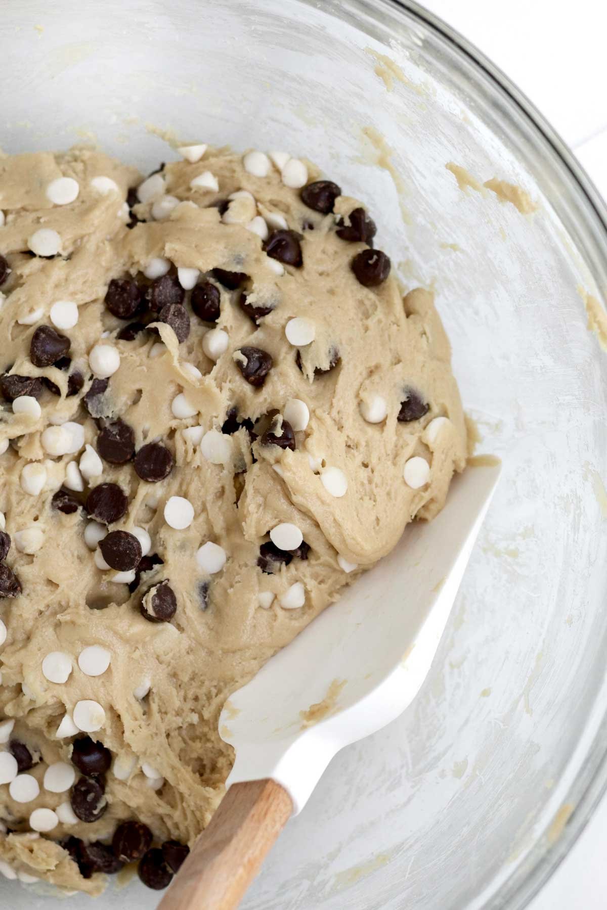 Cookie dough with white chocolate chips and chocolate chips.