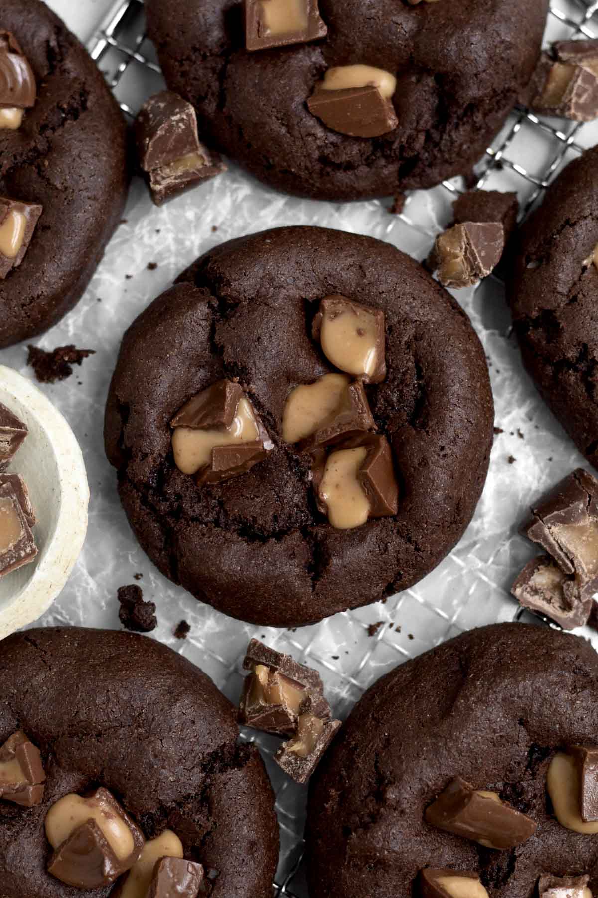 Pools of caramel ooze from the sweet Rolo shards atop the chocolate Rolo Cookies.