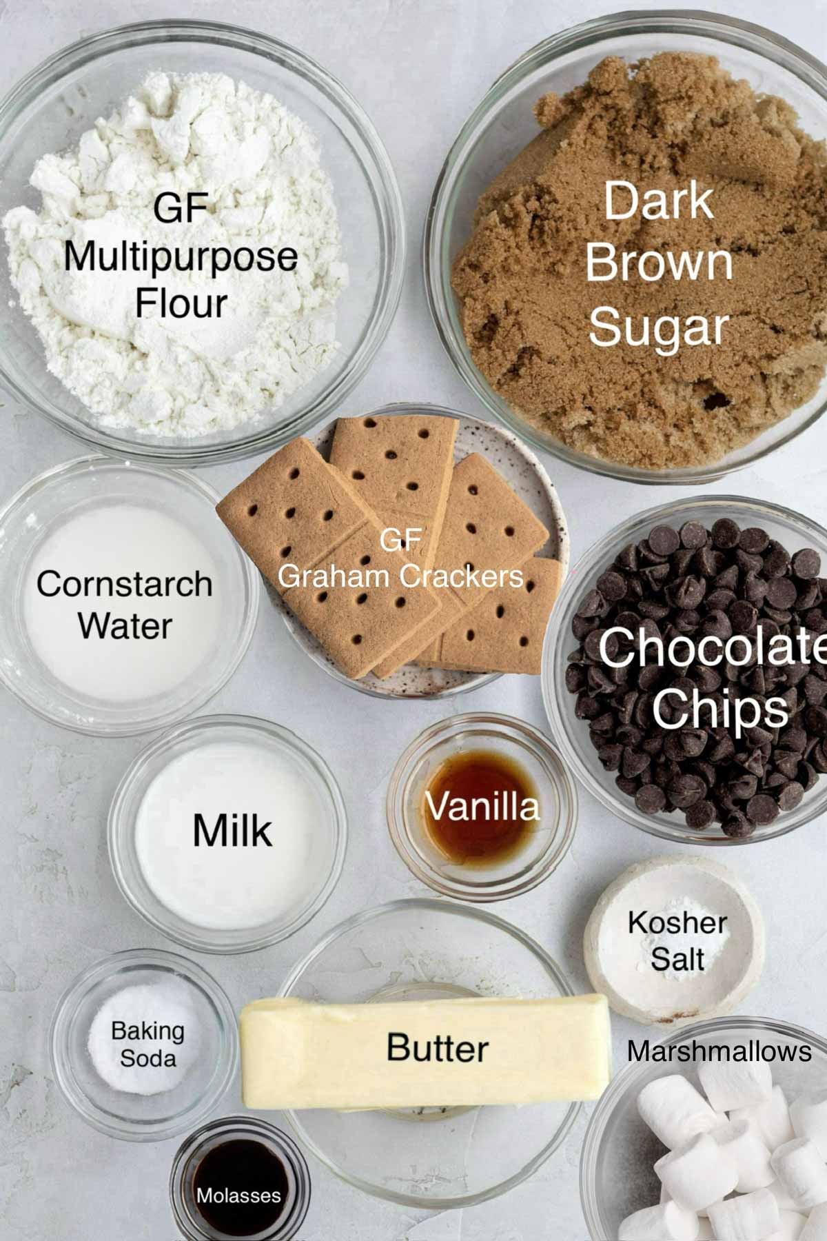 Gluten Free Multipurpose flour, dark brown sugar, cornstarch water, gluten free graham crackers, chocolate chips, milk, vanilla, kosher salt, baking soda, butter, molasses and marshmallows.