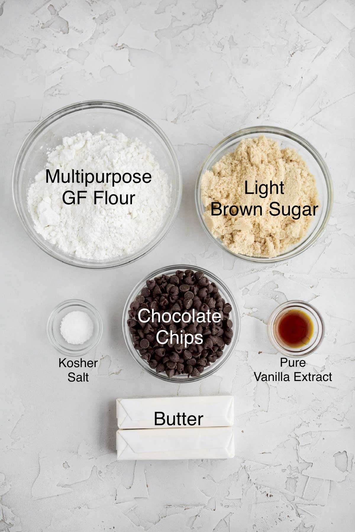 Cookie Brittle Ingredients: multipurpose gluten free flour, light brown sugar, kosher salt, chocolate chips, pure vanilla extract, and butter.