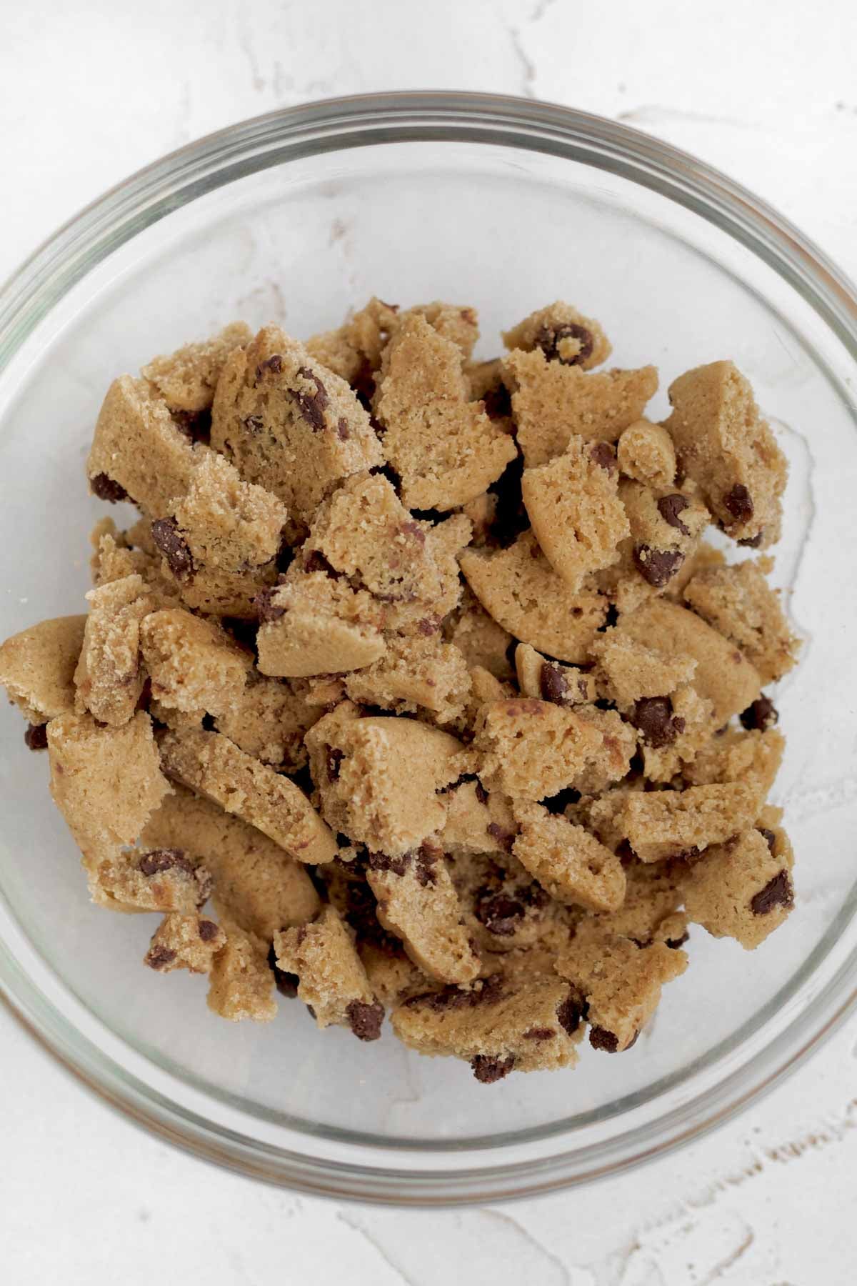 Broken chocolate chips in a bowl