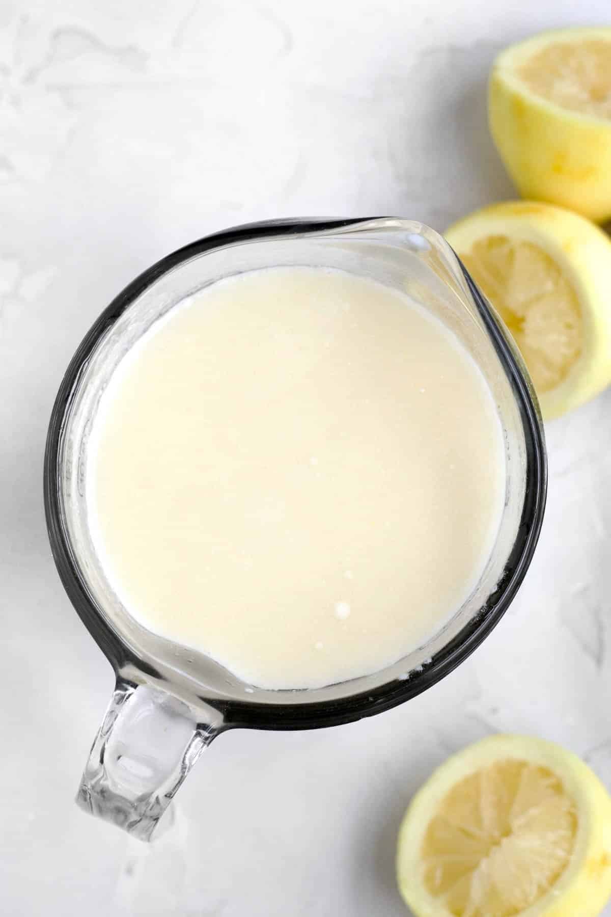 the lemony wet ingredients in a measuring cup.