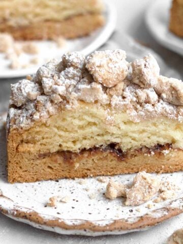 slice of sour cream coffee cake showing a cinnamon brown sugar swirl, and heavy crumb layer.