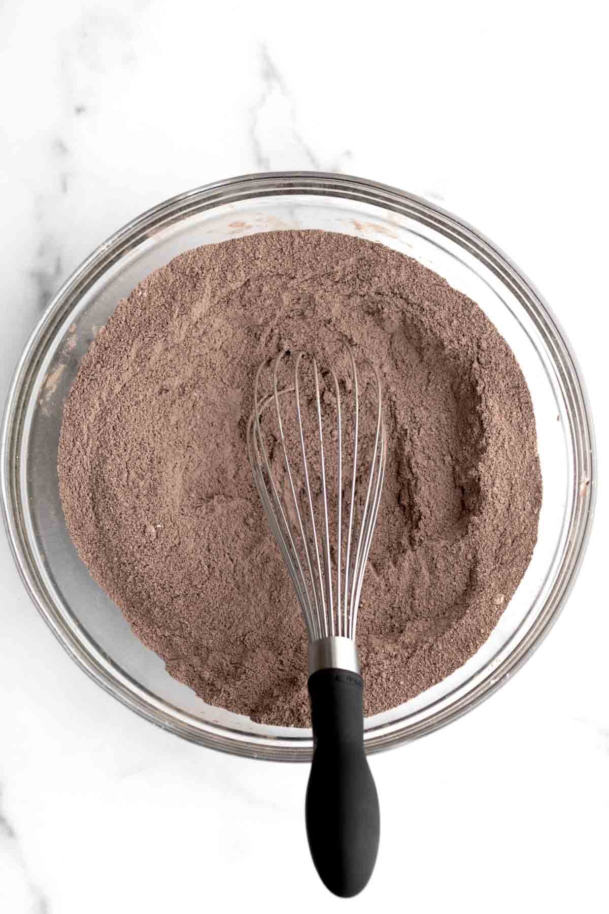 a whisk with the chocolatey dry ingredients.