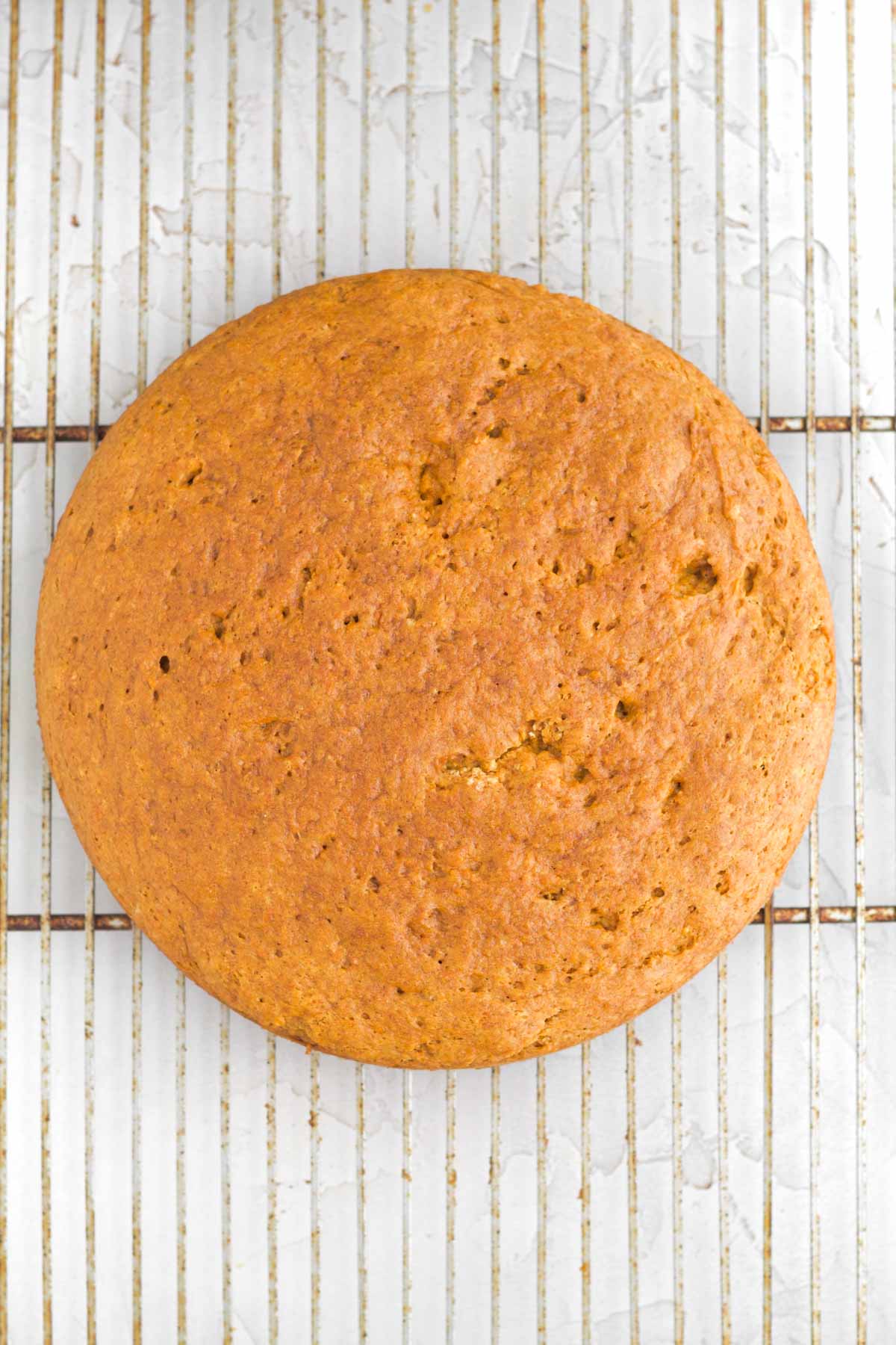 a warm, golden-brown east carrot cake base on a baking rack.