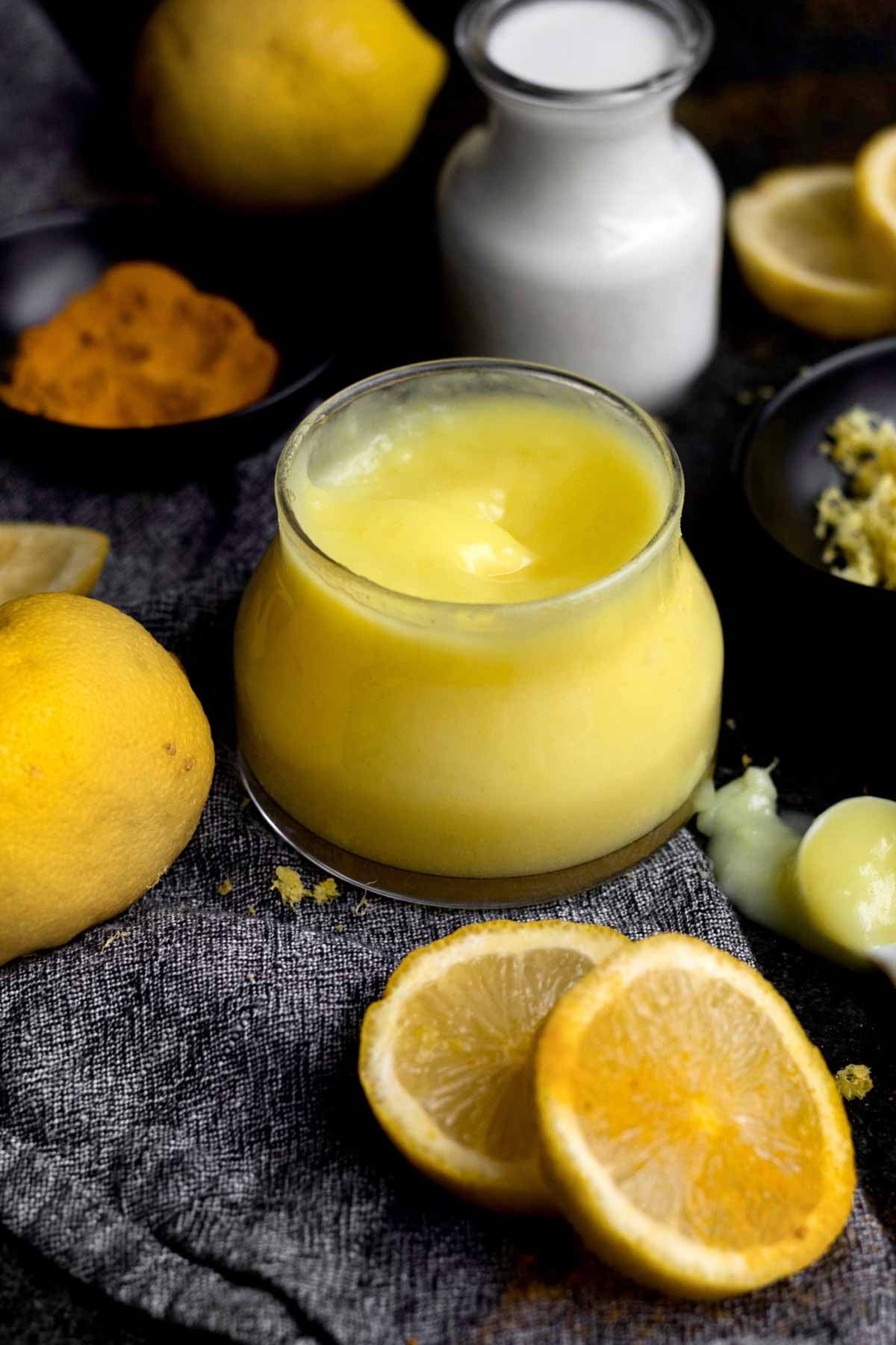 creamy and smooth eggless lemon curd in a glass jar.