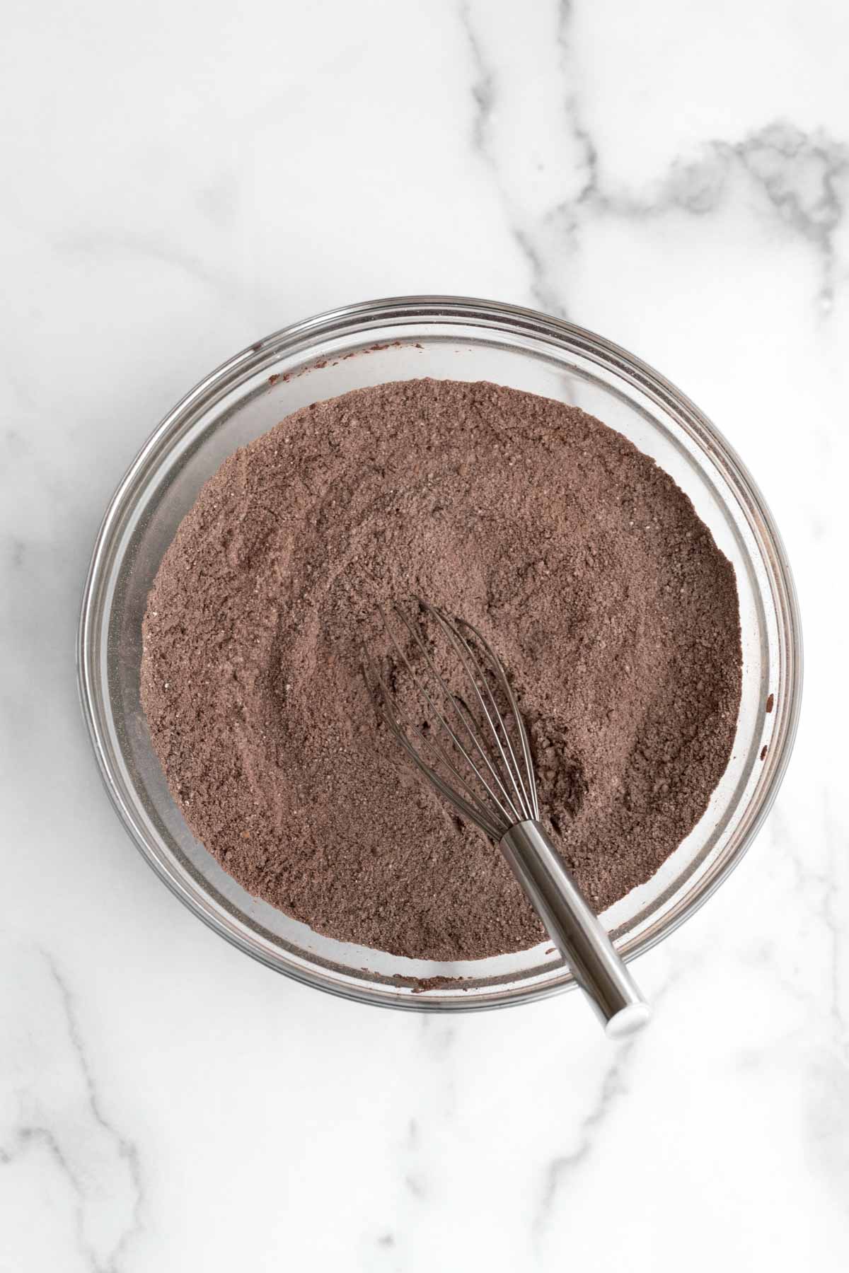 a whisk with the chocolatey dry ingredients.