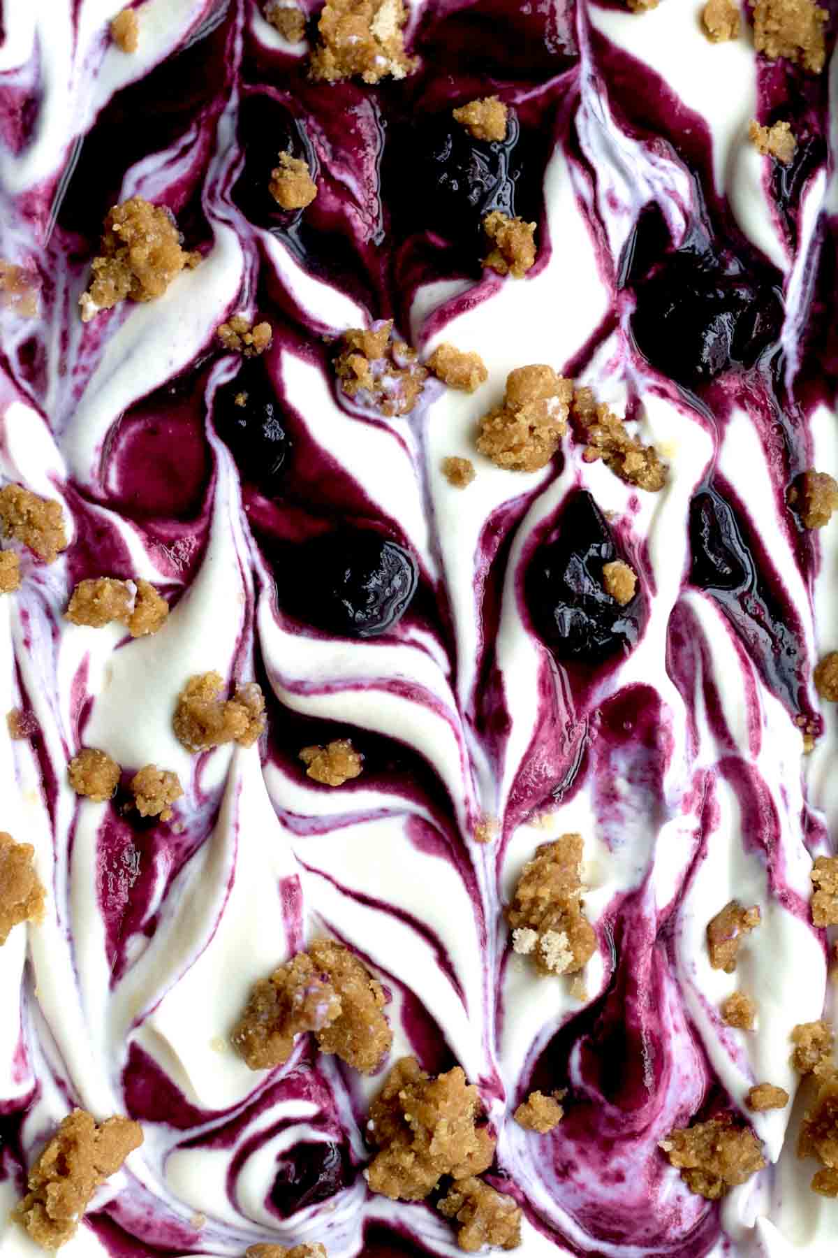 frozen bursted blueberry streaks suspended in vanilla cheesecake cream topped gluten-free graham cracker crumbles.