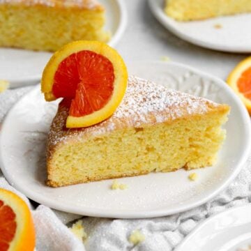 a tender slice of gluten-free orange cake dusted in sweet confectioner's sugar topped with fresh citrus.