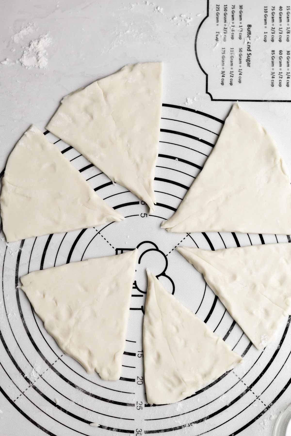 Cutting the dough into triangles.