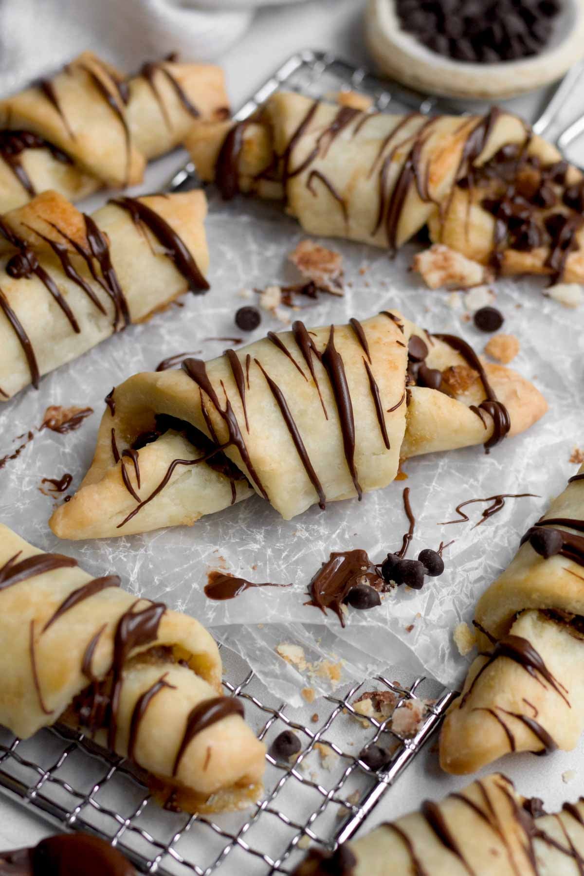 Crisp, golden-brown, chocolate twists made with the easy puff pastry dough.