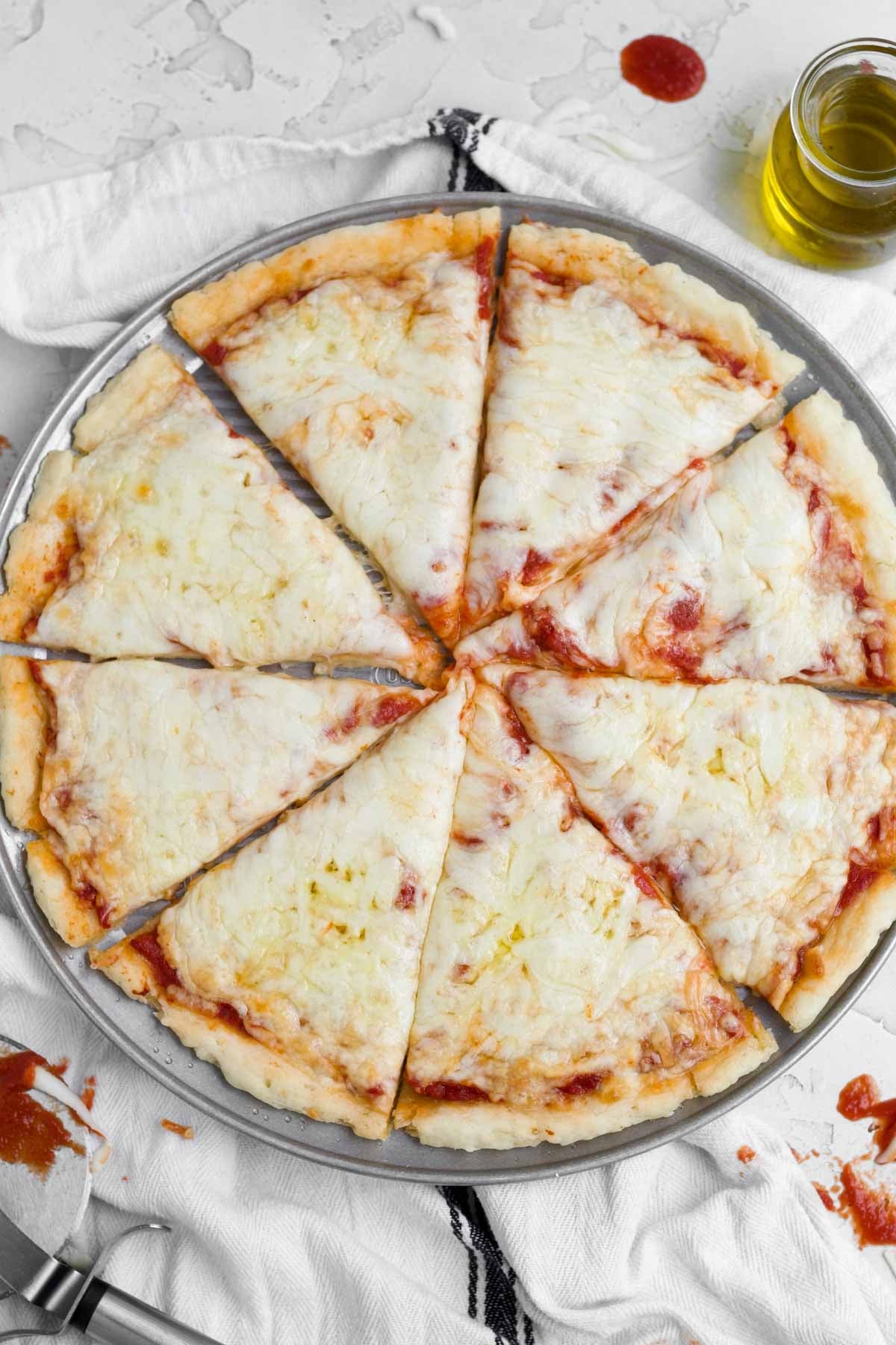 Delicious cheese pizza made with gluten free pizza dough.